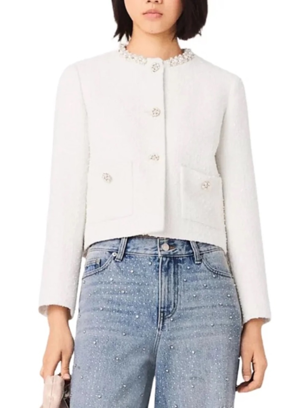 Vistrasso Faux Pearl Trim Tweed Jacket